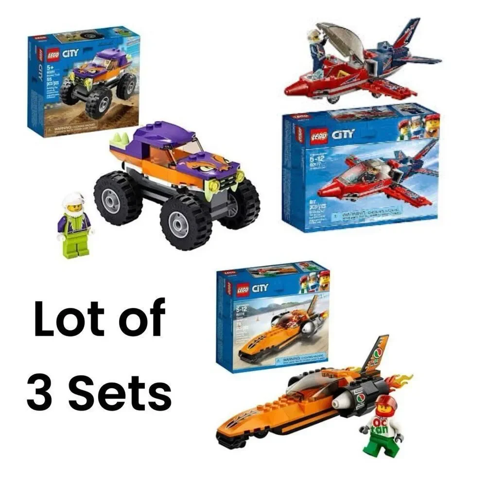 Lego City 3 Complete Sets Airshow Jet 60177 Speed Record Car 60178 Monster Truck